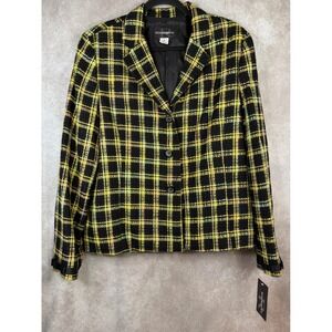 NWT VTG 90s Requirements Blazer Jacket Women 18 Yellow Black Plaid Tweed Preppy